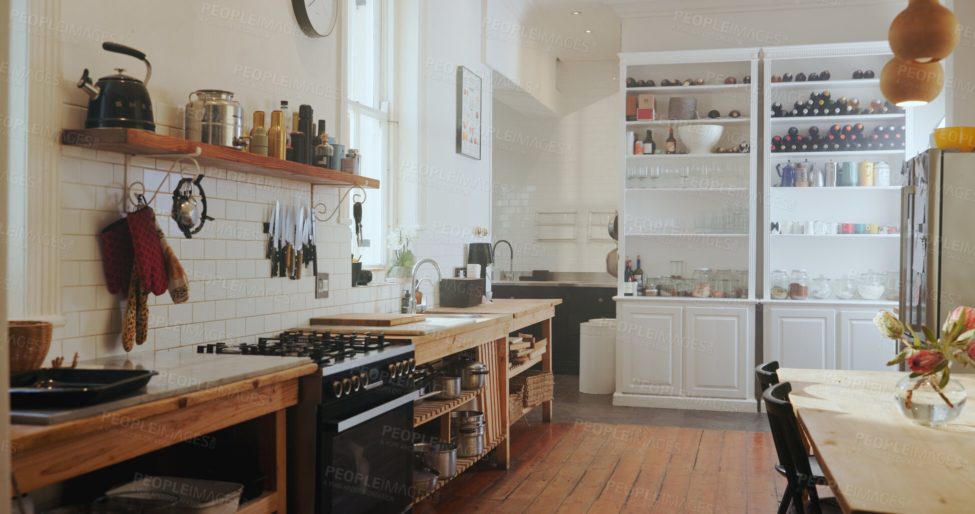 Buy stock photo Empty, room and kitchen with equipment in home for meal prep, cooking and culinary utensils. Design, furniture and rustic interior with pantry, storage and kitchenware for house decor and appliances