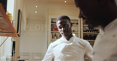Buy stock photo Chef, cooking and men with training in kitchen for recipe guidance, teaching dish or support. Culinary intern, mentor or black people in restaurant for food preparation, cuisine knowledge or learning