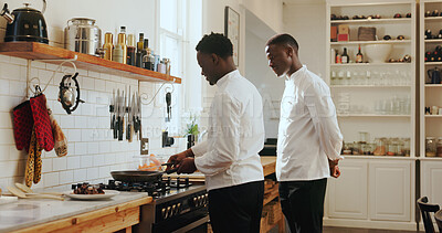 Buy stock photo Cooking, instructions and supervising with black men in kitchen of home for culinary course. Food, learning and process with chef teaching student in apartment for lesson or skills development