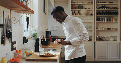 Buy stock photo Black man, chef and cooking at restaurant in kitchen, smile and steak for cuisine, career and presentation. Person, food and culinary skills with ingredients at diner, catering or happy with results