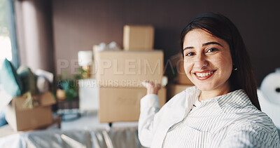 Buy stock photo Woman, selfie and happy for portrait in new home with boxes, pride and show property on social media. Person, smile and photography for moving, relocation or real estate investment at house in Mexico
