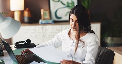 Buy stock photo Woman, laptop and reading document at house for compliance, customer service and script. Agent, remote work and paperwork with pc for reference, account information and procedure manual for crm faq