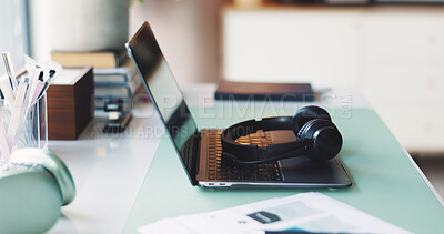 Buy stock photo Online education, laptop or headset with school supplies, webinar or digital presentation for distance learning. Video call, ai assistance or live lesson for web course, knowledge or virtual class
