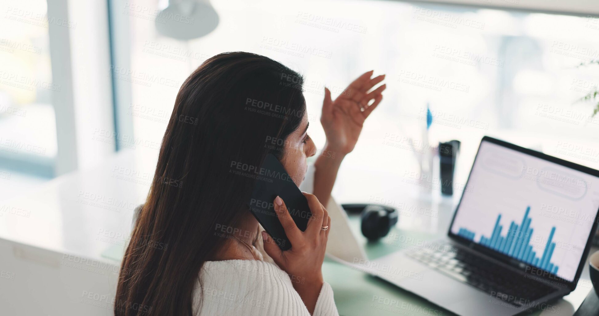 Buy stock photo Phone call, research and woman on laptop with graphs, profit growth and finance report in office. Statistics, financial analyst and female person in meeting with mobile, data analysis and review.