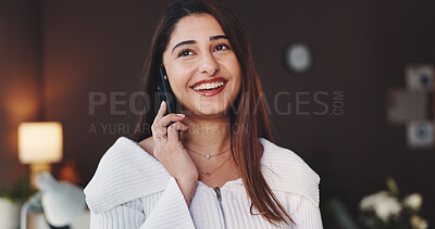 Buy stock photo Night, phone call and woman in office with smile, good news or communication in project management. Evening, happy or female person in contact with mobile, planning or positive feedback in workplace
