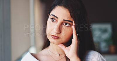 Buy stock photo Home, stress and woman with headache, burnout and anxiety in living room. House tired, person and girl with migraine, tension and brain fog with pressure or fatigue in lounge frustrated or annoyed