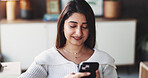 Phone, smile and woman in home office for remote work, text or reading message for social media. Mobile, app and freelancer on internet for chat, online communication or check campaign on platform