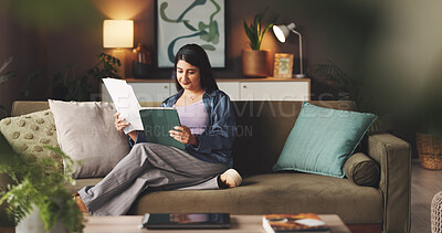 Buy stock photo Budget, woman and tablet with paperwork on sofa for finance planning, bills payment and insurance. Asset management, person and digital app with documents in home for savings investment or online tax