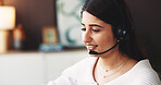 Smile, woman and remote work with headset at house for consultation, customer service and crm. Agent, freelancer and happy with mic to help client, contact us and online advice for technical support