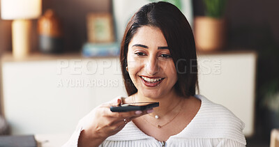 Buy stock photo Happy woman, talking or recording with speaker phone for audio message, chat or communication. Female person, user or smile with mobile smartphone or news for sound app, reply or voice note in home