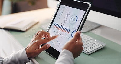 Buy stock photo Hands, woman and tablet with graphs at house for accounting, analytics and finance balance. Person, digital screen and monitor with analysis, financial overview and profit growth for risk management