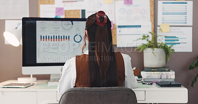 Buy stock photo Back, woman and computer with graphs at house for accounting, analytics and finance balance. Female person and pc screen for statistics analysis, financial market trends and risk management of profit