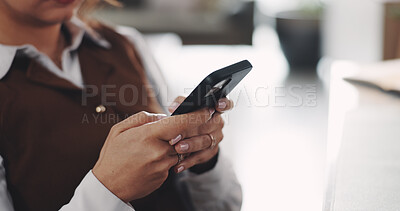 Buy stock photo Hands, person and reading with phone in home for research, contact source and confirm schedule. Journalist, remote work and mobile app with editor feedback, fact check and notification of publication