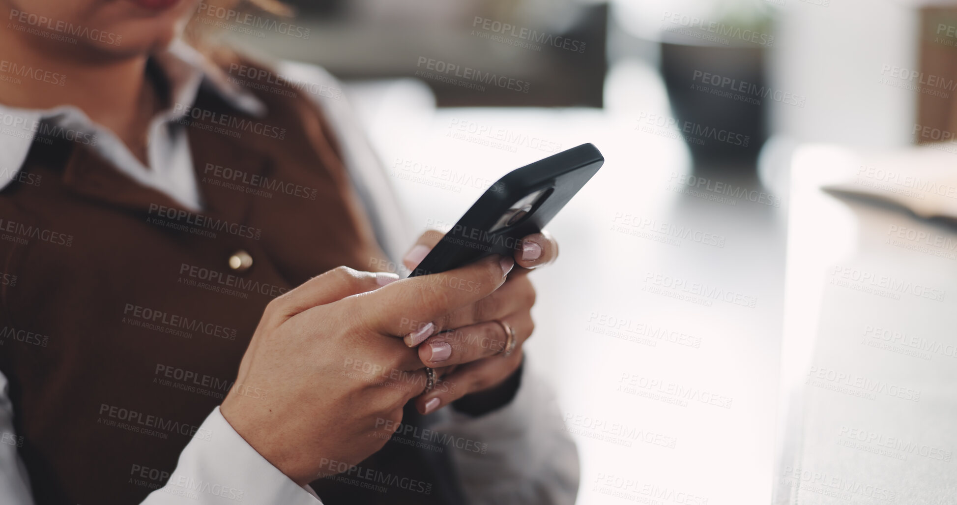 Buy stock photo Hands, person and reading with phone in home for research, contact source and confirm schedule. Journalist, remote work and mobile app with editor feedback, fact check and notification of publication