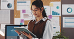 Reading, tablet and business woman in home office for seo specialist, kpi tracking or research analyst. Growth chart, performance report or online campaign with person in house for remote work