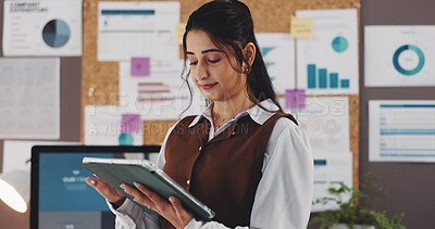 Buy stock photo Reading, tablet and business woman in home office for seo specialist, kpi tracking or research analyst. Growth chart, performance report or online campaign with person in house for remote work