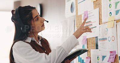 Buy stock photo Headset, tablet and documents with woman in home office for financial advisor, investment graph and agent. Remote worker, virtual consultant and account charts with person and research on board