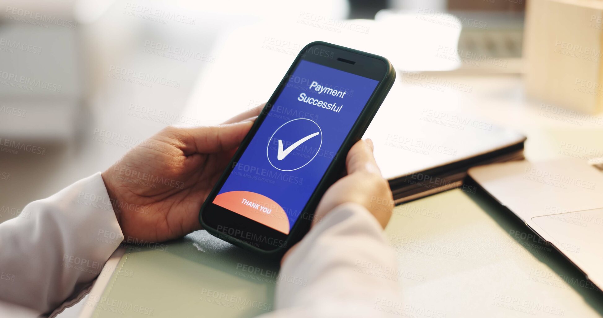 Buy stock photo Hands, phone screen and ecommerce for payment, transaction or banking in office. Fintech, smartphone and person for online shopping, internet sales and checkmark notification UI for finance app