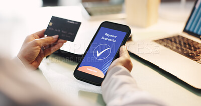 Buy stock photo Hands, phone screen and credit card for payment, transaction or banking in office. Fintech, smartphone and person for online shopping, internet sales and checkmark notification for finance app