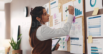Buy stock photo Woman, tablet and writing on board in office, finance data and industry research for company strategy. Statistics info, analyst and business person with tech, charts and graphs for financial report.
