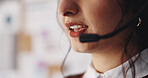 Mouth, woman and talking with headset at call center for online sales, lead generation and CRM. Space, telemarketing representative and microphone for consulting outbound client and product knowledge