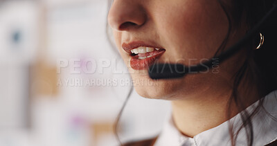 Buy stock photo Mouth, woman and talking with headset at call center for online sales, lead generation and CRM. Space, telemarketing representative and microphone for consulting outbound client and product knowledge