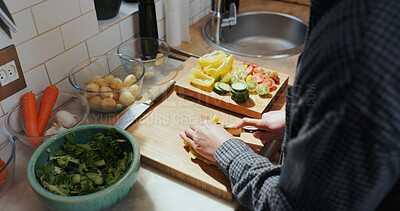 Buy stock photo Cooking, above and hands of man with vegetables for meal prep, healthy lunch and dinner in home. Kitchen, food and person with ingredients, recipe and cutting for nutrition, vitamins and wellness 