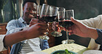 Hands, friends and people with red wine, party and bonding together with celebration. Social gathering, reunion and group with alcohol, good news and event with toast, happy hour and glasses