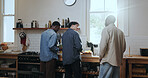 Back, friends and men in kitchen with food, speaking and coking with conversation for diet. Meal prep, health and nutrition in discussion with group, reunion and hunger in apartment bonding for lunch
