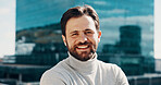 Businessman, rooftop and portrait with smile outdoor for valuation, opportunity or ambition. Building, city and real estate with developer for property investment, confidence or realtor on balcony