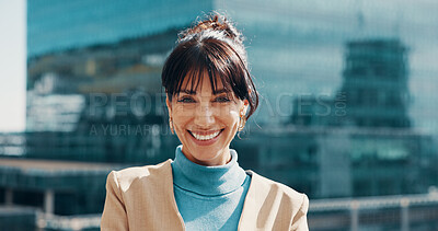 Buy stock photo Business woman, rooftop and portrait with smile outdoor for valuation, opportunity or ambition. Building, city and real estate with developer for property investment, confidence or realtor on balcony
