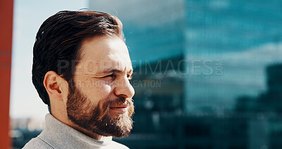 Buy stock photo Thinking, planning or man in city with vision, ideas or contemplation for project management. Reflection, solution and person in urban Australia with space, company growth or development opportunity
