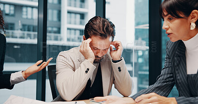 Buy stock photo Business, meeting and people in office with headache, overwhelmed or burnout for project deadline. Frustrated, corporate and analyst in workspace with migraine, anxiety or fatigue in task management.