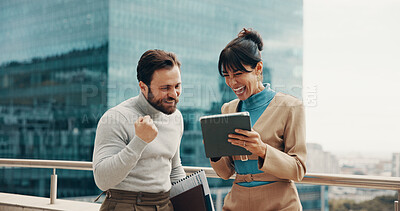Buy stock photo Excited, team and people with tablet, city and celebration for investment, laughing and achievement. Happy, colleagues and account manager with success, balcony and review of business growth on web