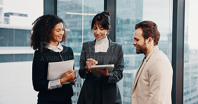 Buy stock photo Meeting, documents and business people by window on tablet for finance review, talking and feedback. Corporate, office and workers on tech with financial report for revenue, proposal or online budget