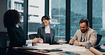 Conversation, smile and business people in office, planning and financial agency with feedback. Group, man and women in meeting, teamwork and discussion with budget report and negotiation for deal