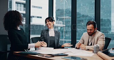 Buy stock photo Conversation, smile and business people in office, planning and financial agency with feedback. Group, man and women in meeting, teamwork and discussion with budget report and negotiation for deal