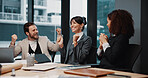 Excited, group and celebration for success in boardroom, collaboration and happiness for investment. Laughing, account manager and people with achievement, team and opportunity for business growth