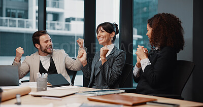 Buy stock photo Excited, group and celebration for success in boardroom, collaboration and happiness for investment. Laughing, account manager and people with achievement, team and opportunity for business growth