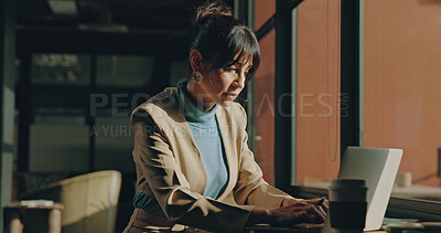 Buy stock photo Business, laptop and woman in office, typing and research for article, internet and magazine website. Mature person, employee and journalist in workplace, computer and publication for newsletter