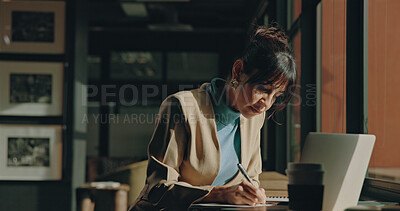 Buy stock photo Laptop, office or woman writing in notebook for research, record financial transaction or review expenses. Account management, digital report or bookkeeper in workplace with computer, payroll and tax