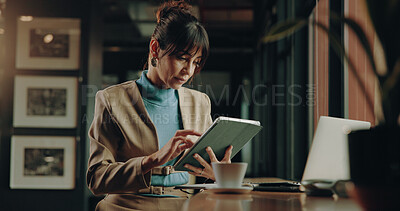 Buy stock photo Business, tablet and woman in office, creativity and research for article post with copywriting. Person, employee and journalist with tech, column and magazine website with news report publication
