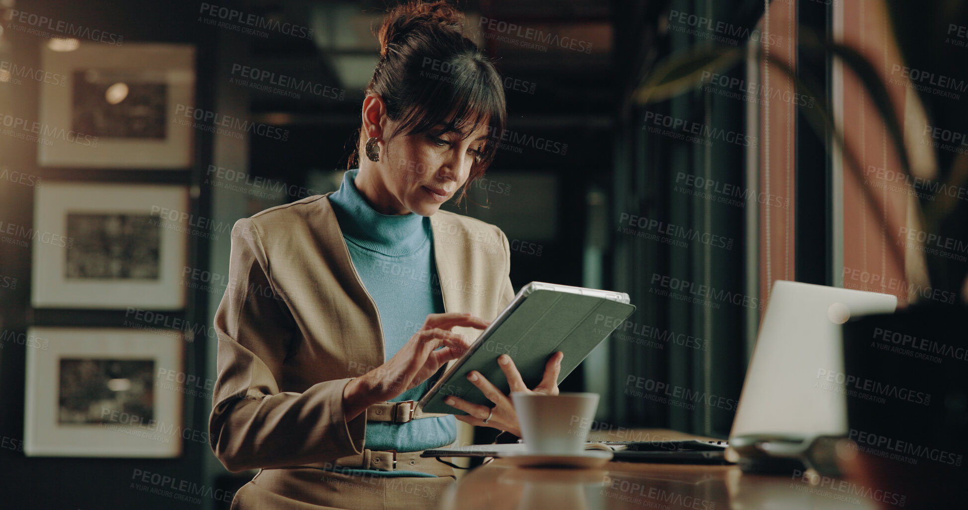Buy stock photo Business, tablet and woman in office, creativity and research for article post with copywriting. Person, employee and journalist with tech, column and magazine website with news report publication