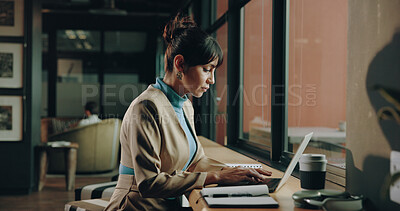 Buy stock photo Business, laptop and typing with mature woman in office for administration or financial management. Accounting, computer with finance with corporate employee at window workplace for budget review