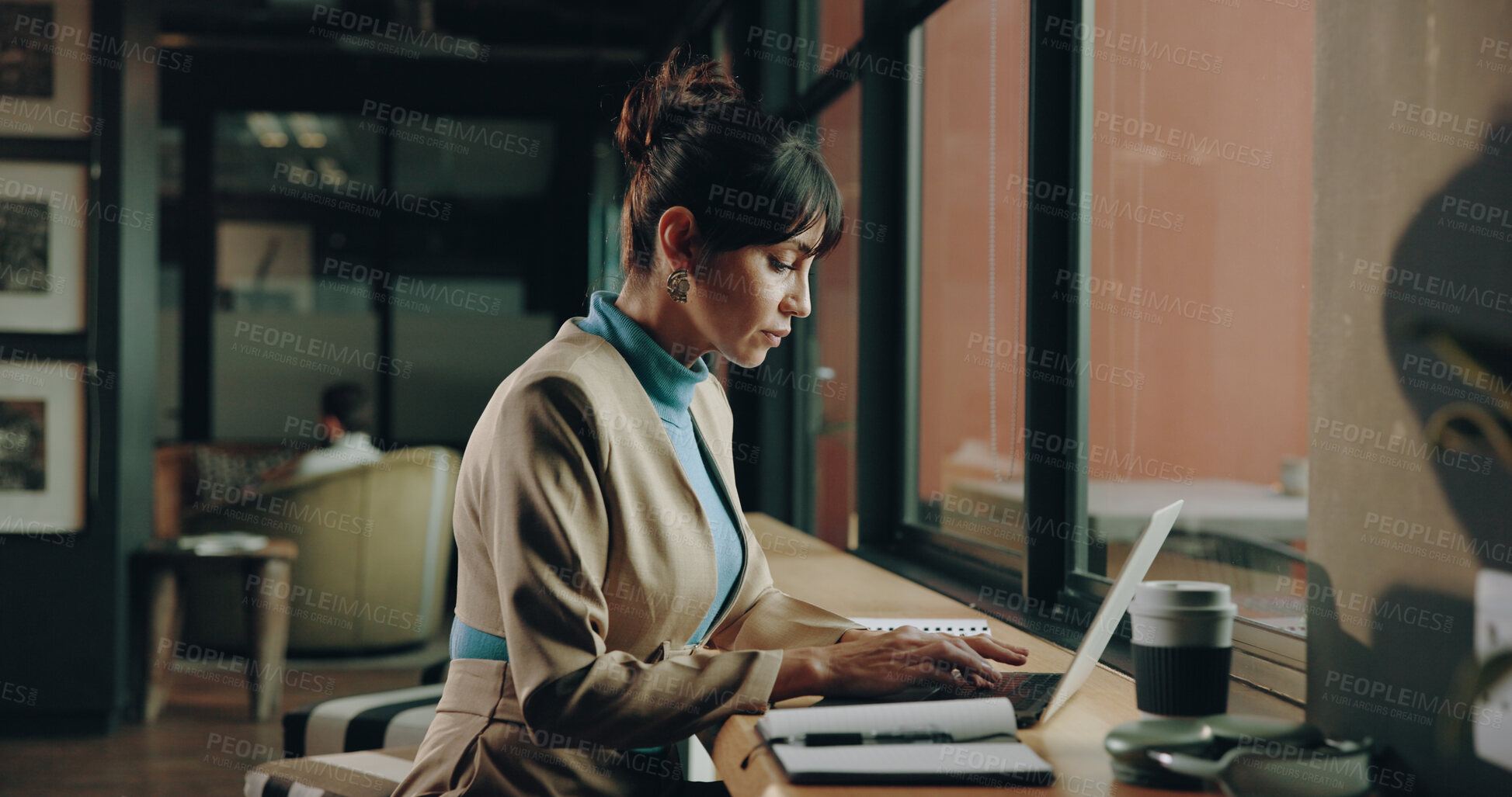 Buy stock photo Business, laptop and typing with mature woman in office for administration or financial management. Accounting, computer with finance with corporate employee at window workplace for budget review