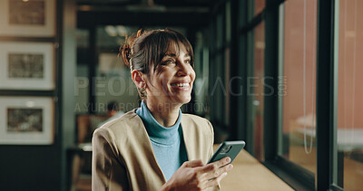 Buy stock photo Business, woman and phone with thinking at agency for editor feedback, article review and research. Publishing company, journalist and happy with smartphone in newsroom for news reflection and ideas