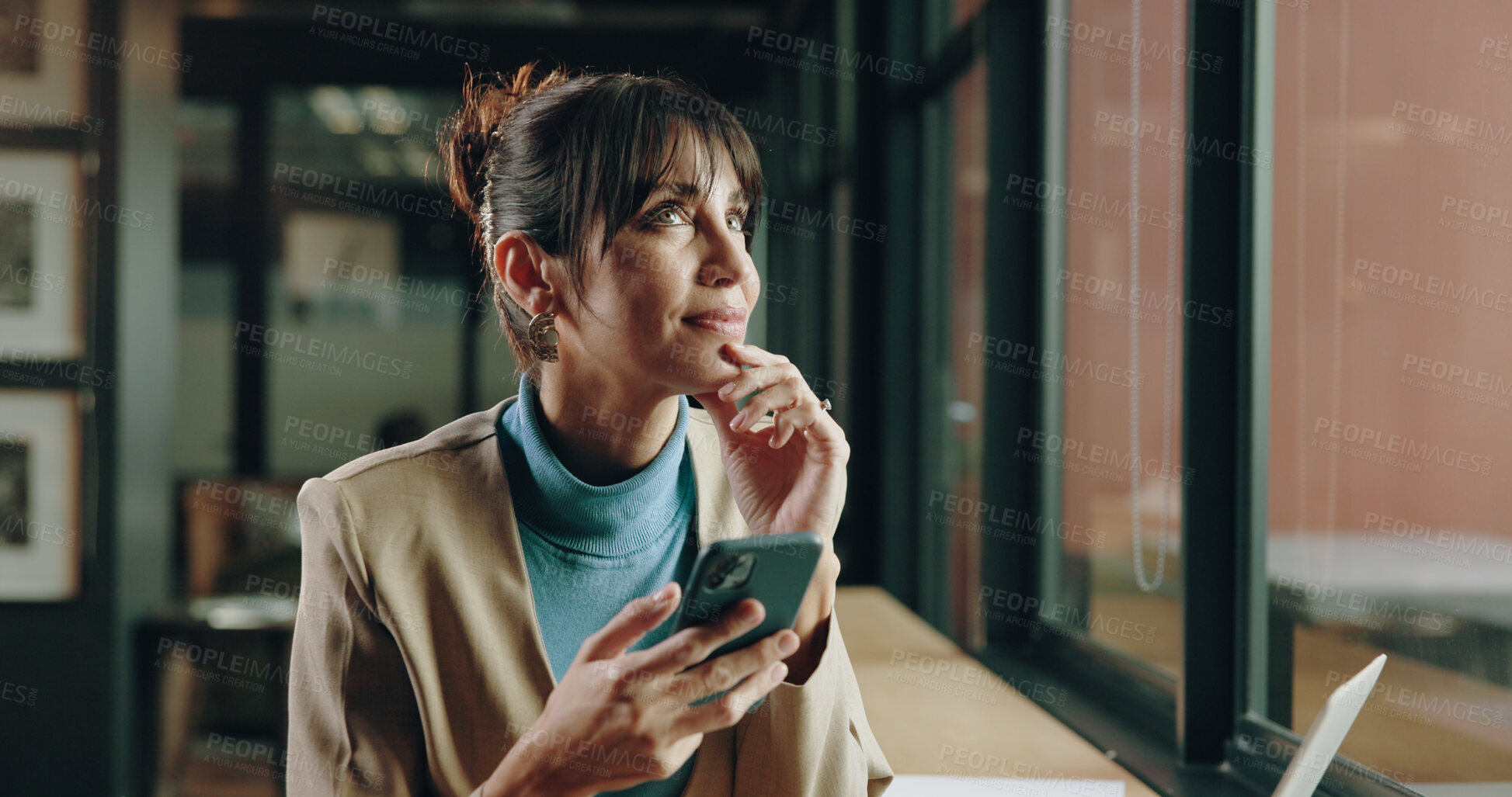 Buy stock photo Business, woman and phone with thinking in office for editor feedback, story ideas and contact source. Publishing agency, journalist and thoughtful with smartphone in newsroom for article inspiration