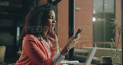 Buy stock photo Reading, business and woman in office with phone, email feedback and communication in company. Technology, internet search and female person in workplace with mobile, online chat and text message 