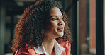 Thinking, happy and business woman with idea for project solution, company decision and planning. Professional, startup manager and person with reflection, insight and problem solving for proposal