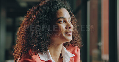 Buy stock photo Thinking, happy and business woman with idea for project solution, company decision and planning. Professional, startup manager and person with reflection, insight and problem solving for proposal